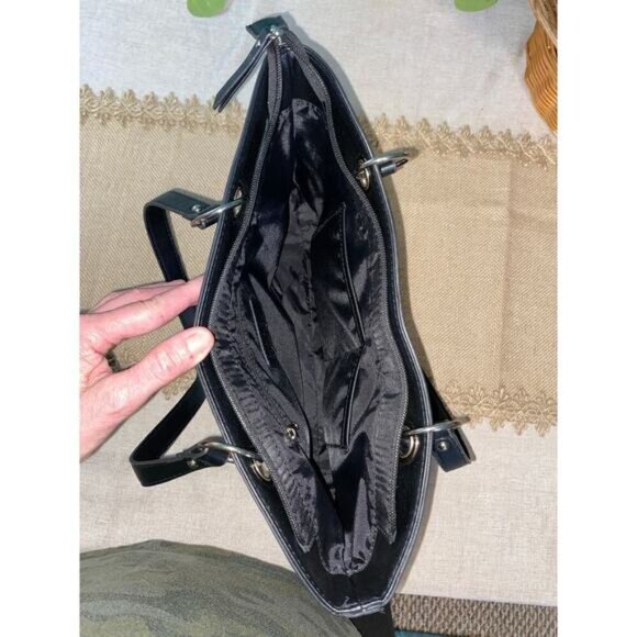 Nicole Miller New York Black W/ Silver Logo Zipper Pockets Top Handles Handbag - Picture 7 of 12